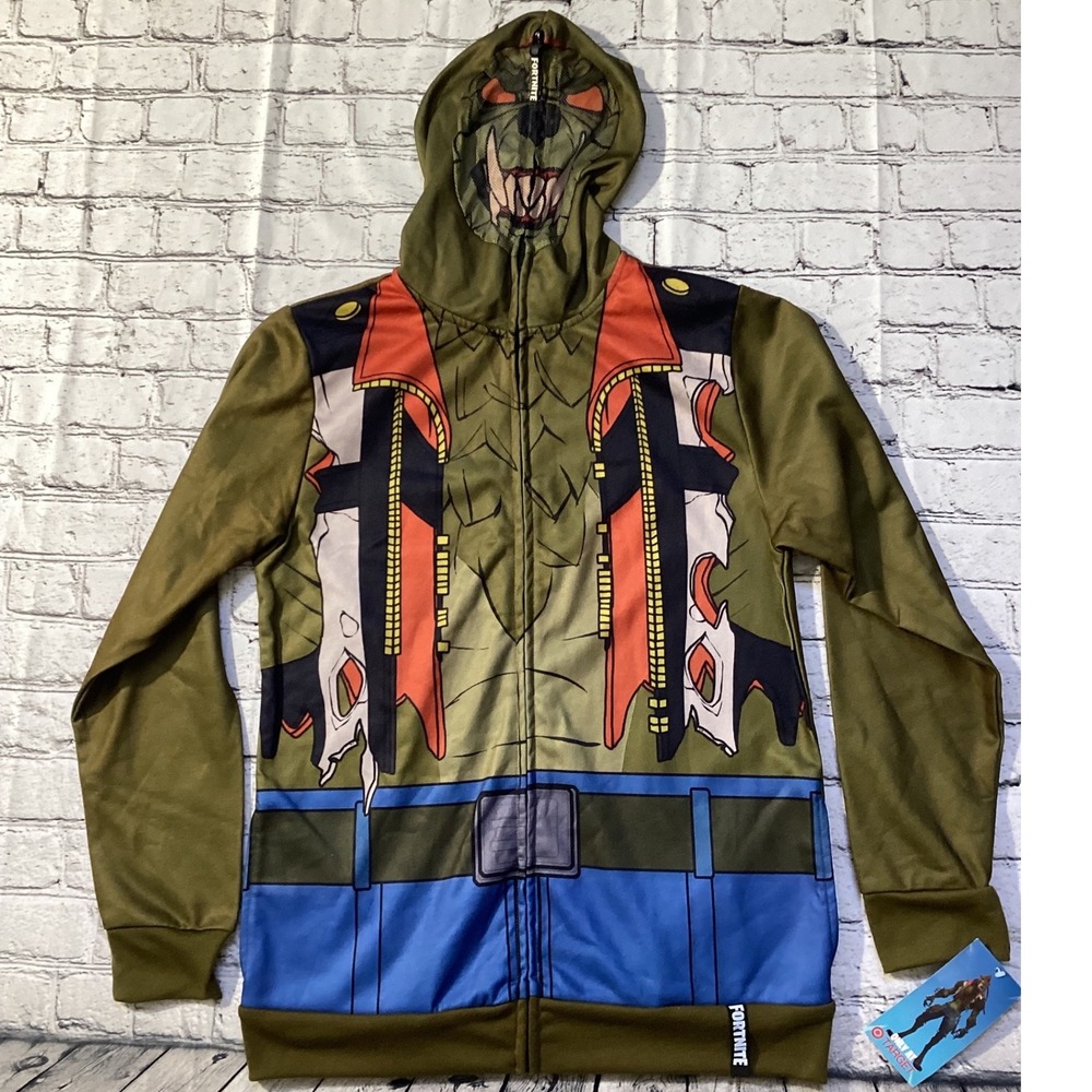 Fortnite Dire Wolf Cosplay Hoodie Green Full Zip Mesh Mask Youth XXL/Adult Sm